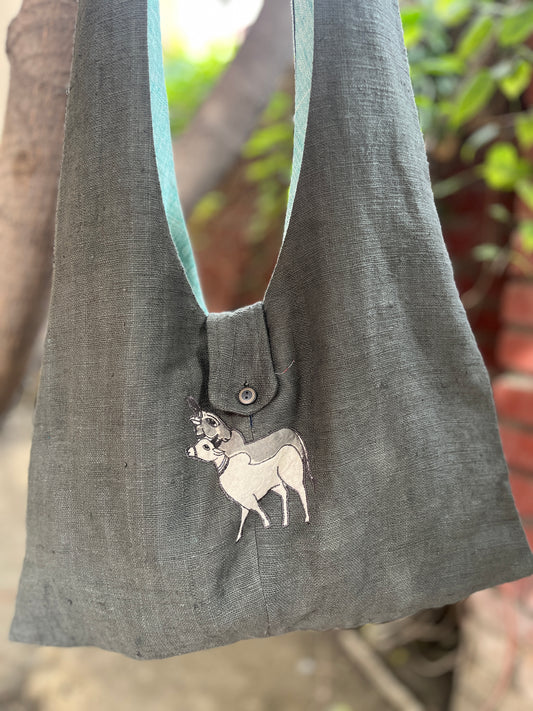 Handcrafted Grey Khadi Sling Bag with Double Cow Motif Embroidery
