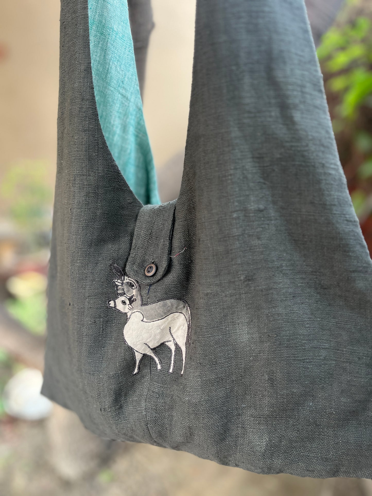 Handcrafted Grey Khadi Sling Bag with Double Cow Motif Embroidery