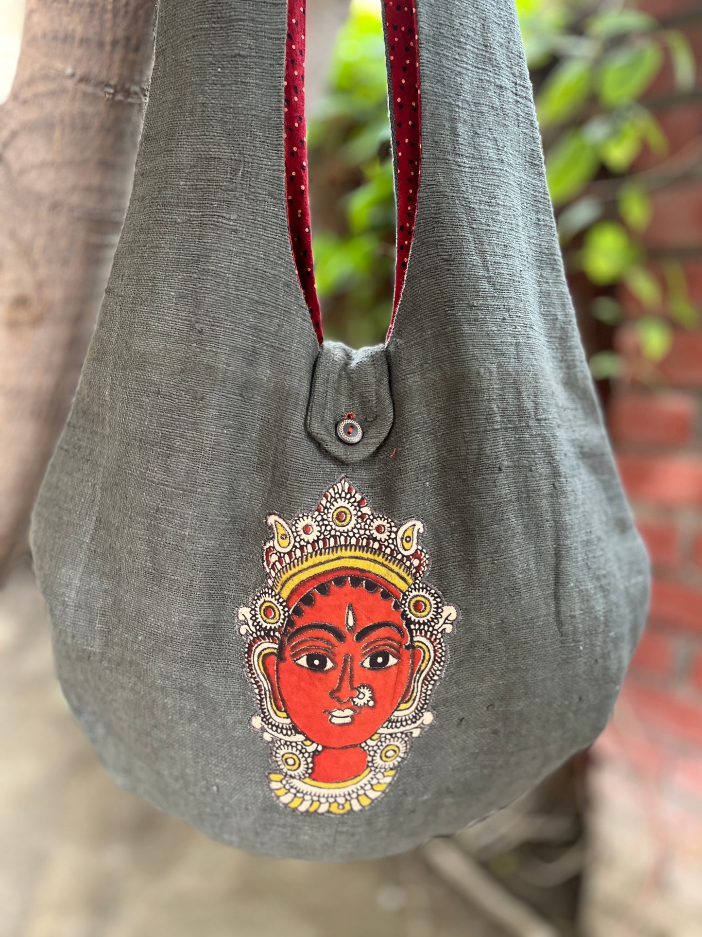 Handcrafted Grey Khadi Sling Bag for Women with Devi Motif Embroidery