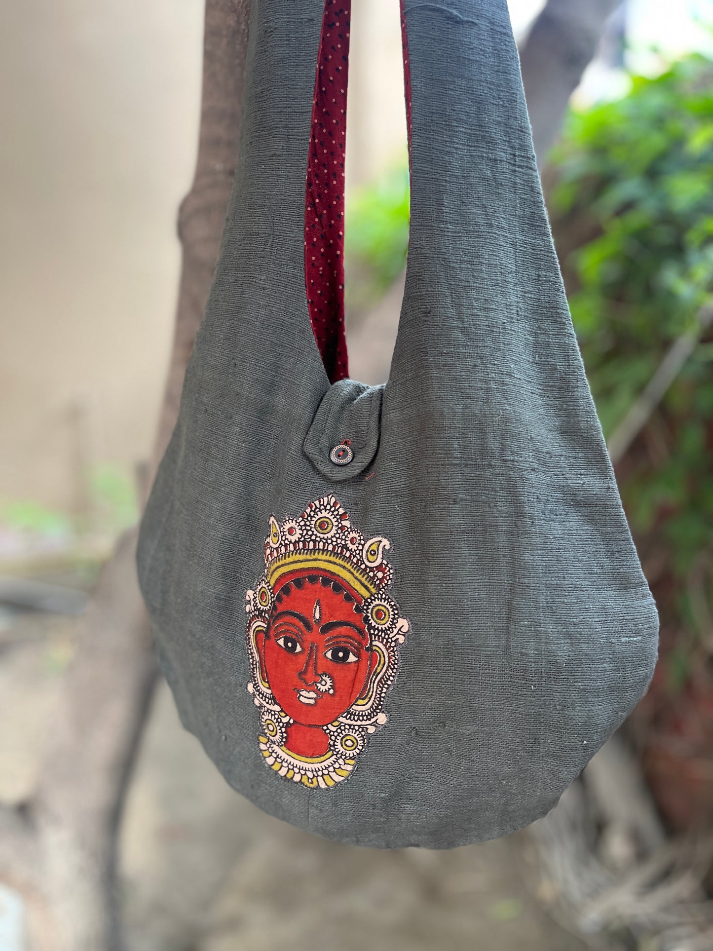 Handcrafted Grey Khadi Sling Bag for Women with Devi Motif Embroidery