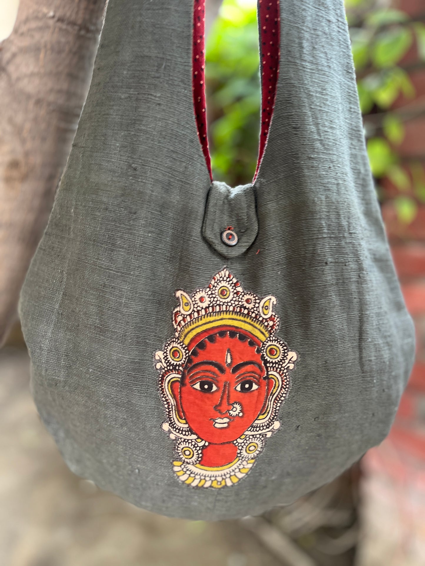Handcrafted Grey Khadi Sling Bag for Women with Devi Motif Embroidery