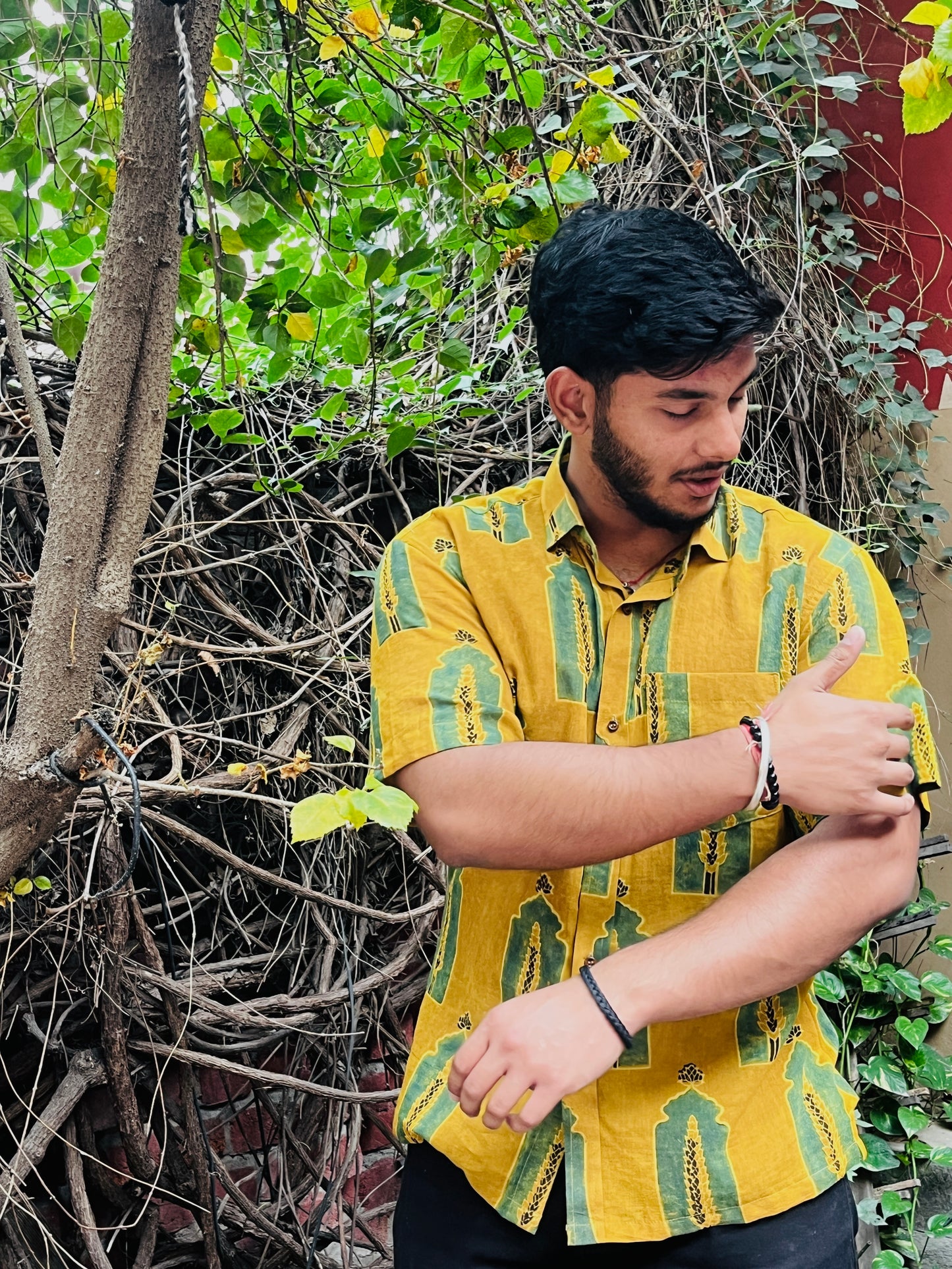 Mustard Block Print Vegetal Dyed Shirt