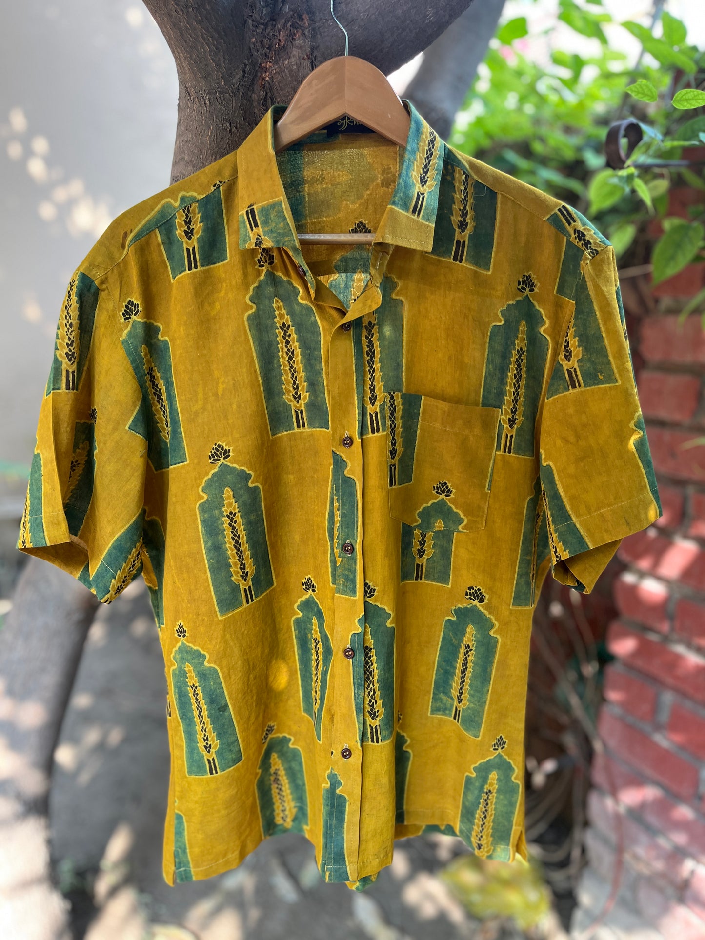 Mustard Block Print Vegetal Dyed Shirt