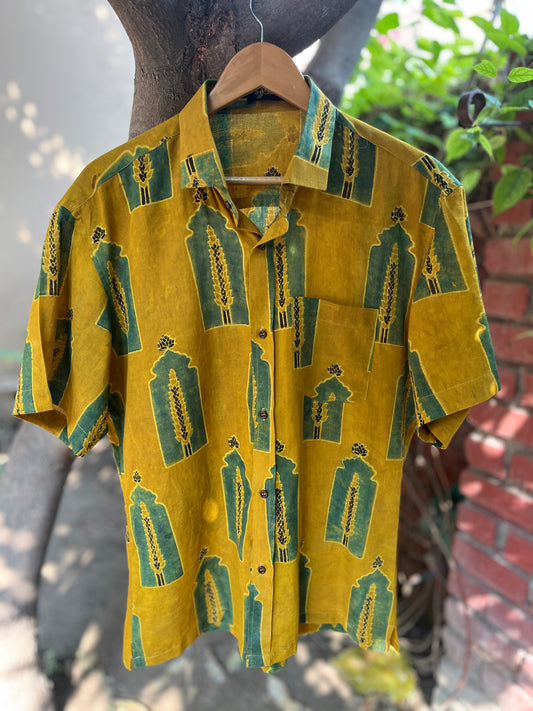 Mustard Block Print Vegetal Dyed Shirt