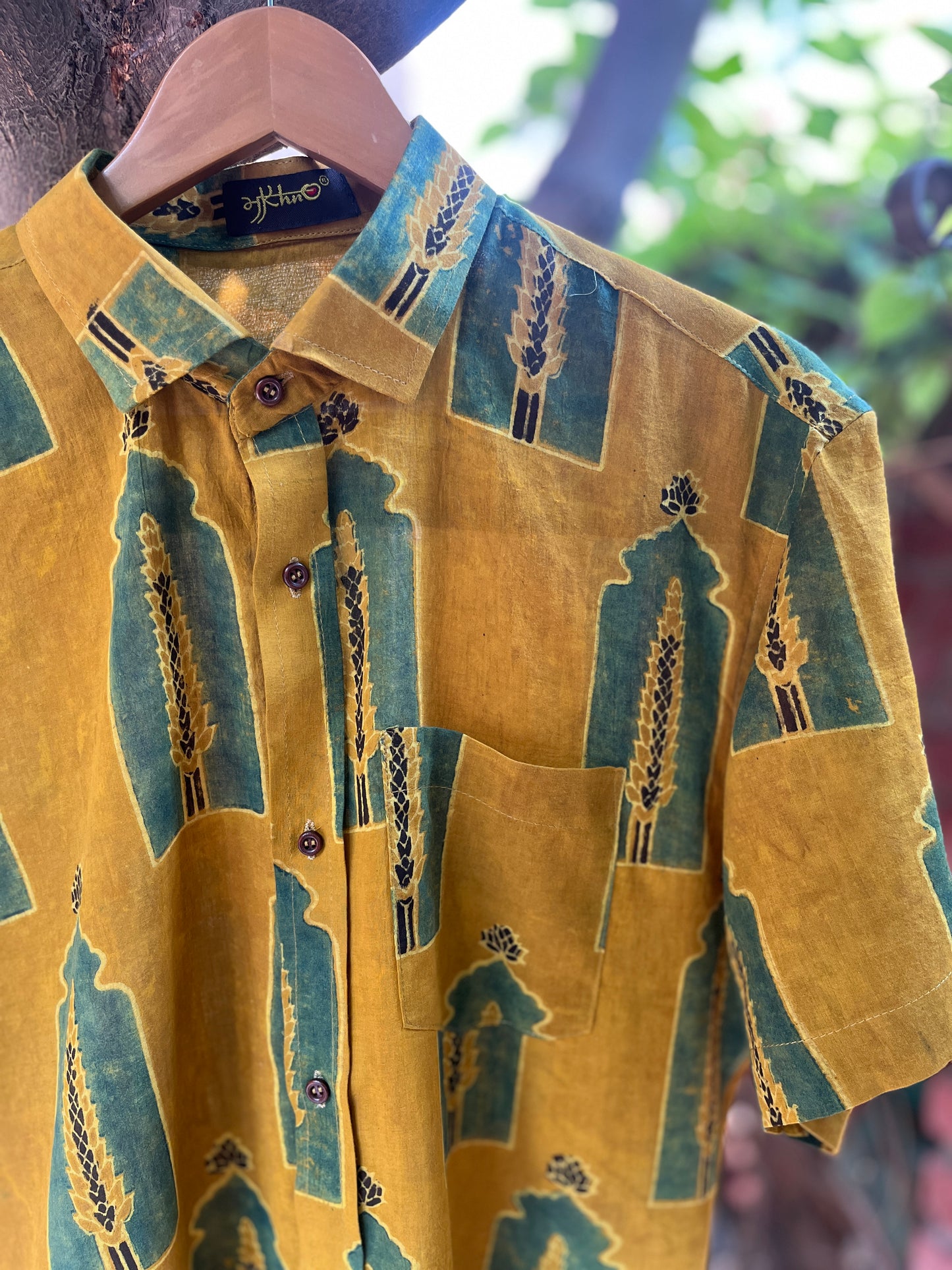 Mustard Block Print Vegetal Dyed Shirt