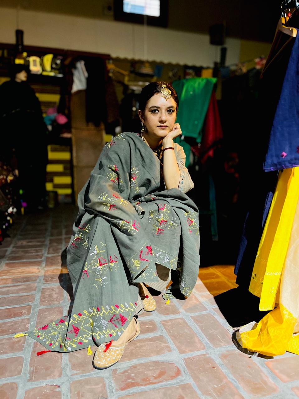 Handcrafted Punjabi Phulkari Dupatta – Mouse Colour with Multicolor Silk Threads