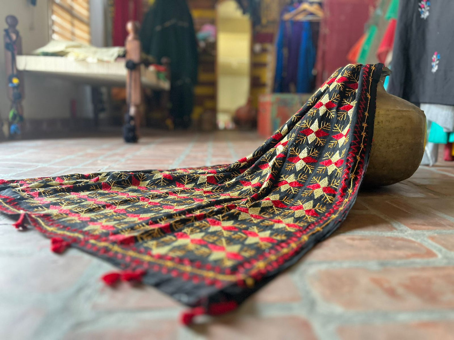 Black Phulkari Dupatta with Golden & Red Hand Embroidery