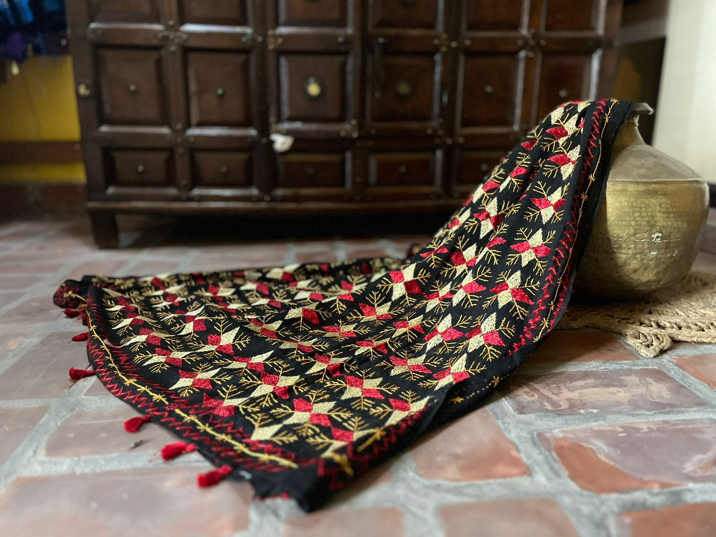 Black Phulkari Dupatta with Golden & Red Hand Embroidery
