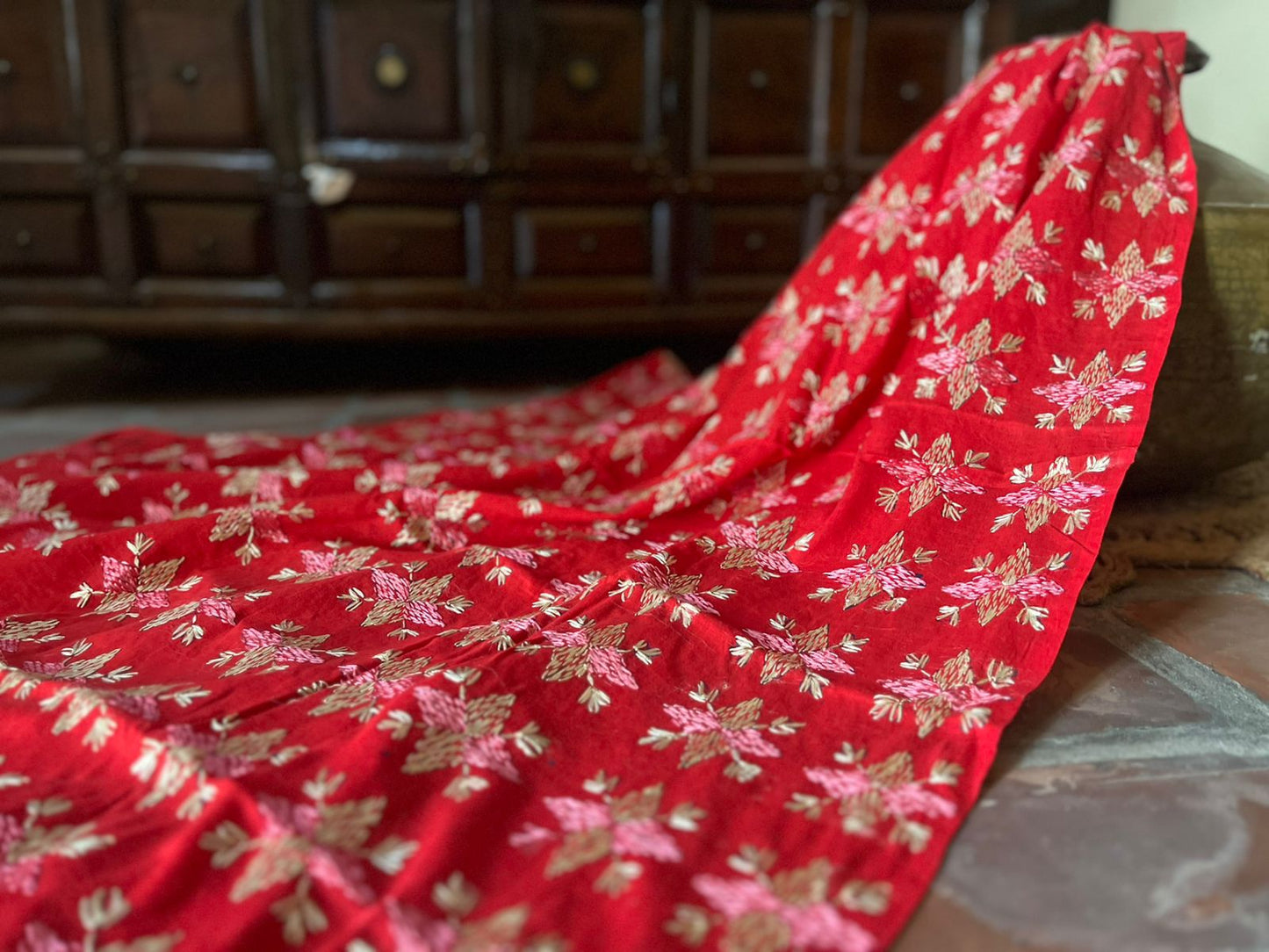 Dull Red Phulkari Dupatta with Pink & Golden Hand Embroidery