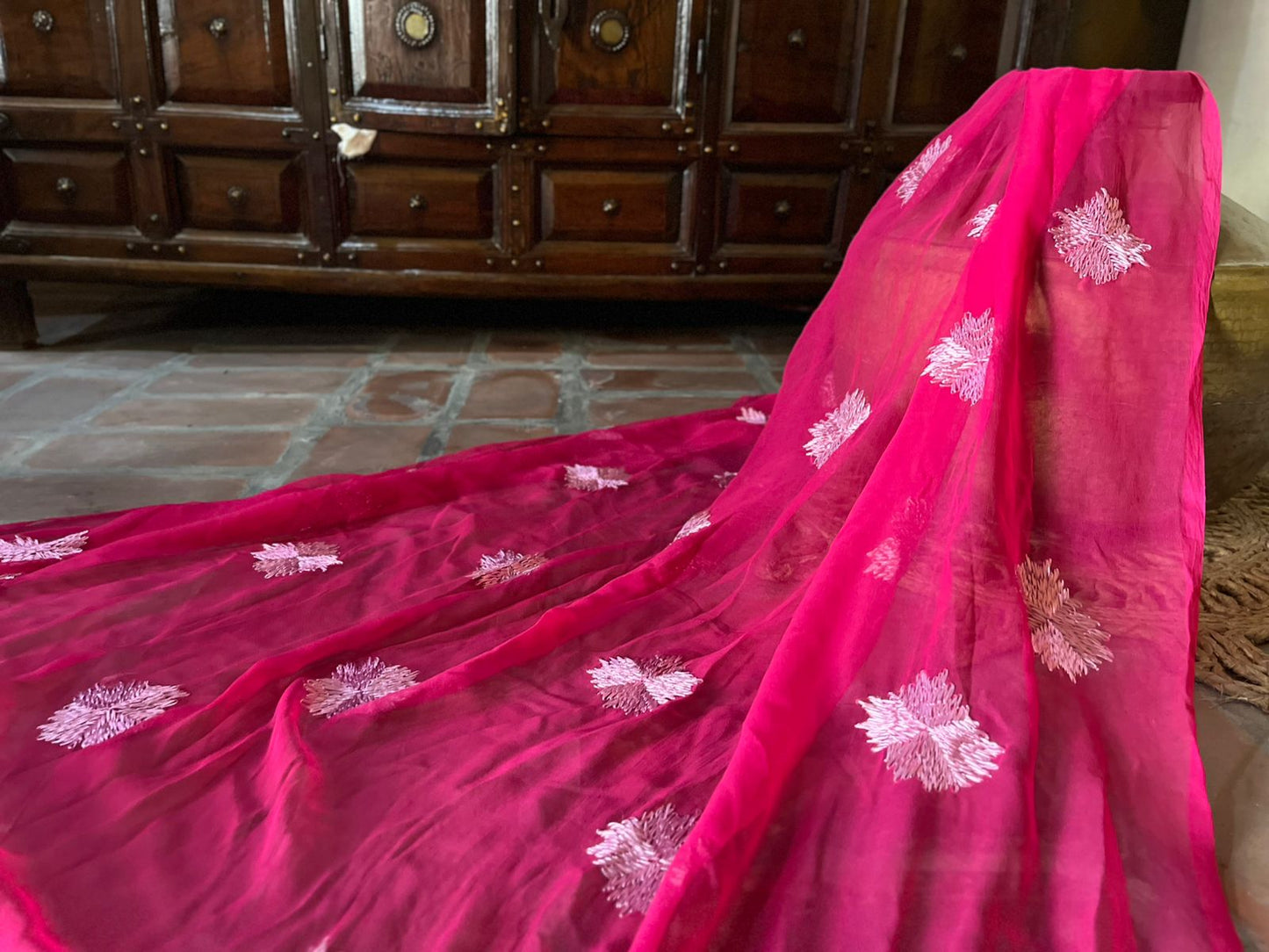 Handmade Pink Phulkari Dupatta with White Floral Embroidery | Ethnic Punjabi Dupatta for Women