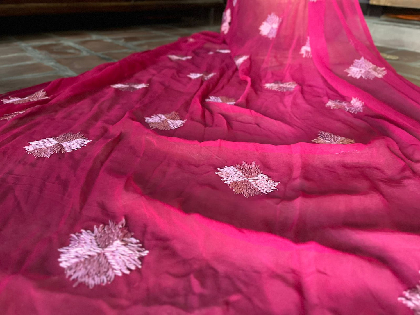 Handmade Pink Phulkari Dupatta with White Floral Embroidery | Ethnic Punjabi Dupatta for Women