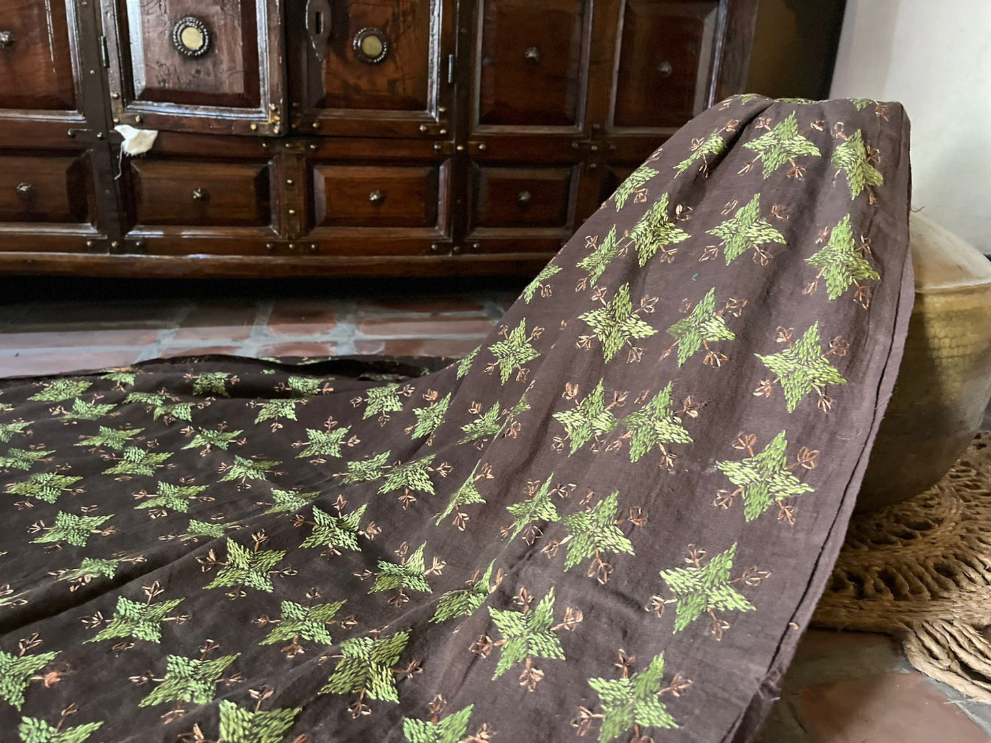 Brown Phulkari Dupatta with Green Hand Embroidery