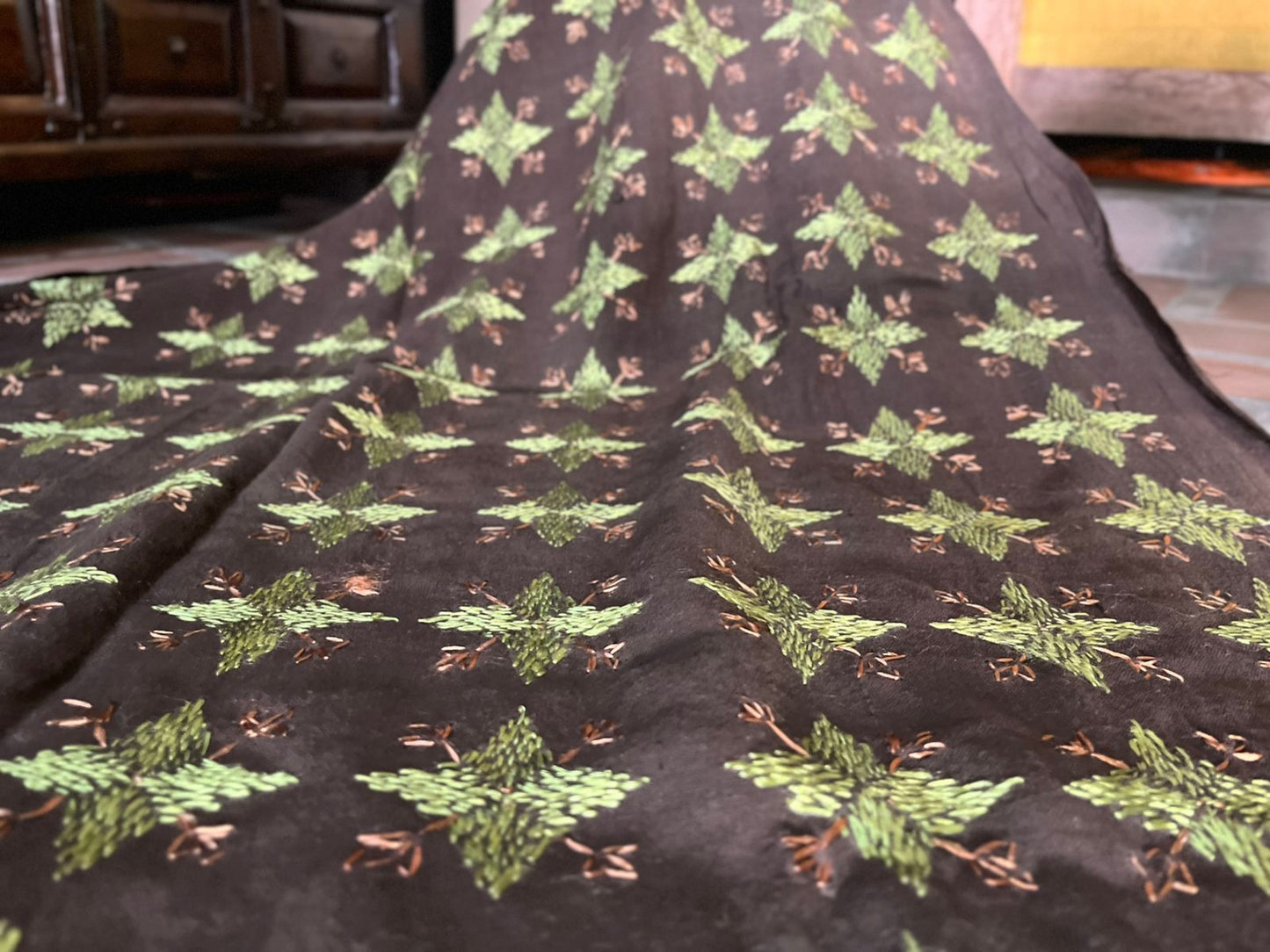 Brown Phulkari Dupatta with Green Hand Embroidery