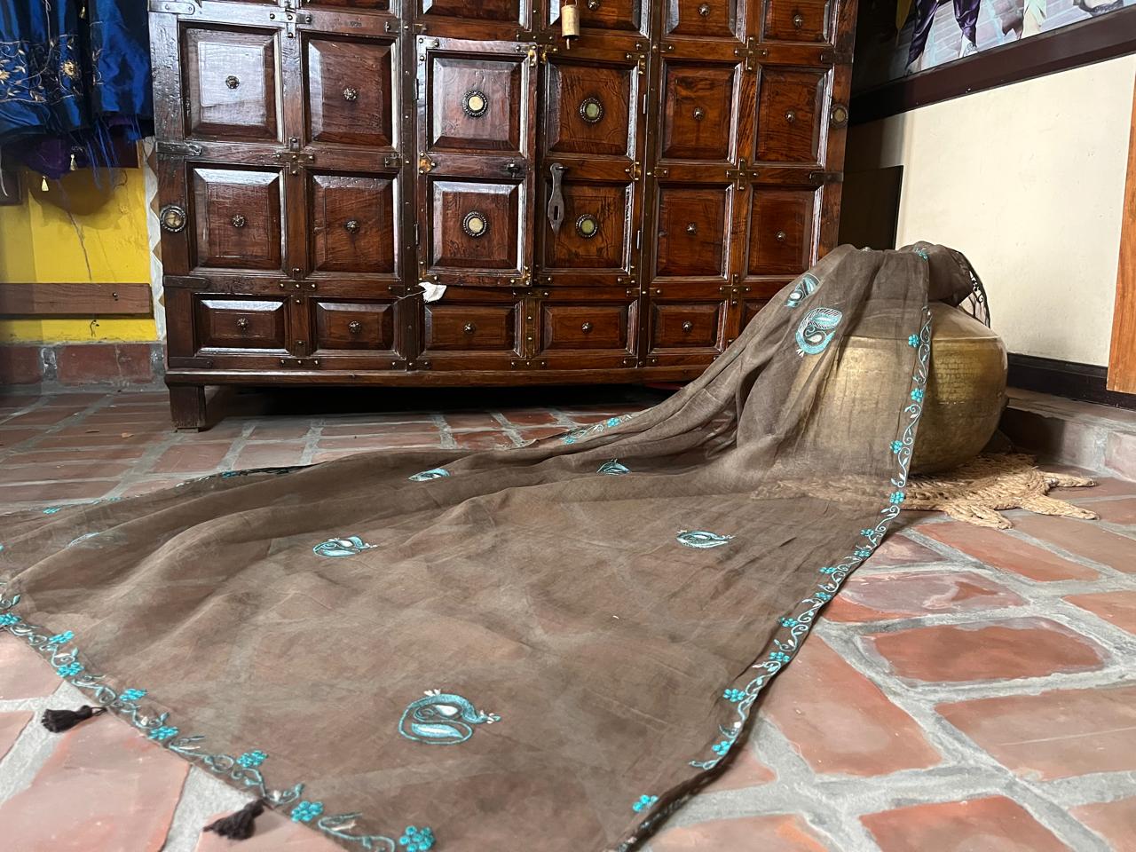 Brown Cotton Arkandi Dupatta with Peacock Motifs