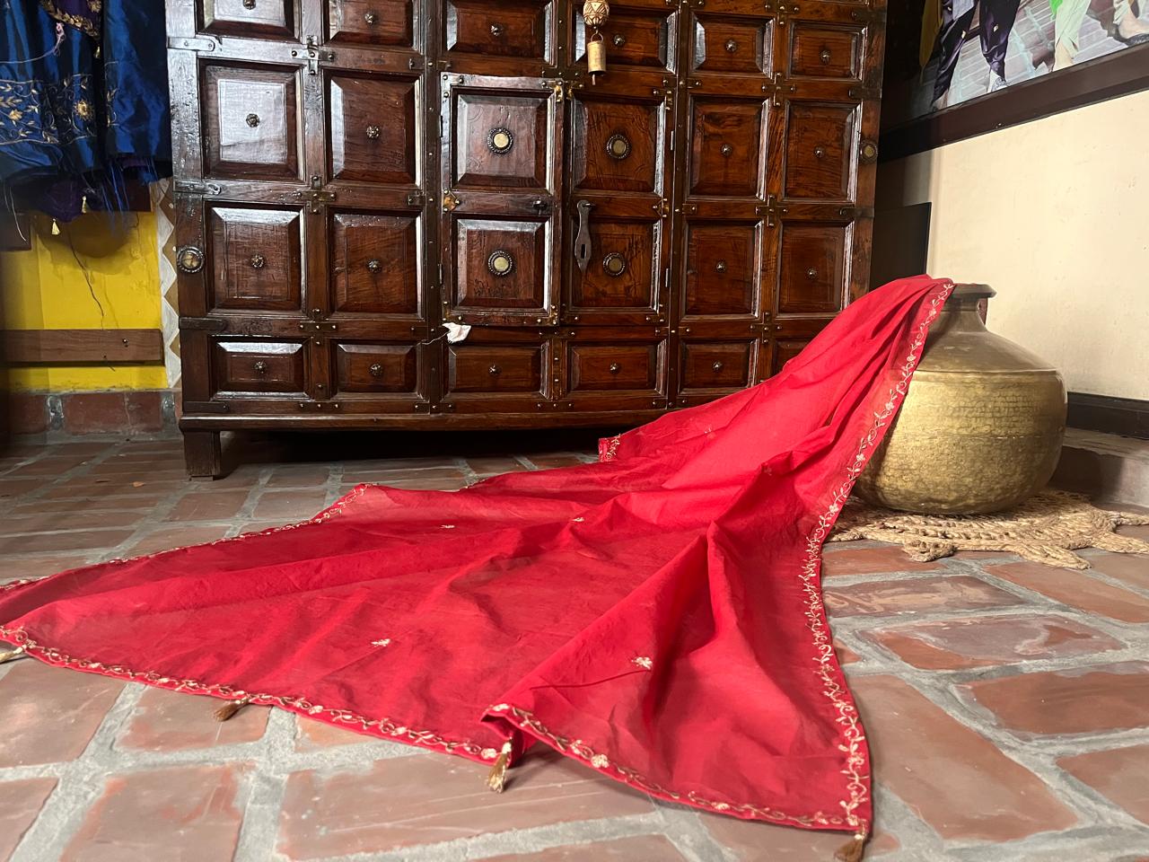 Red Cotton Arkandi Dupatta with Golden Floral Embroidery
