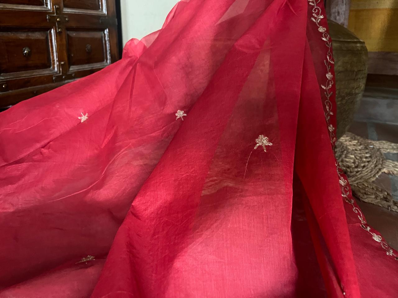 Red Cotton Arkandi Dupatta with Golden Floral Embroidery