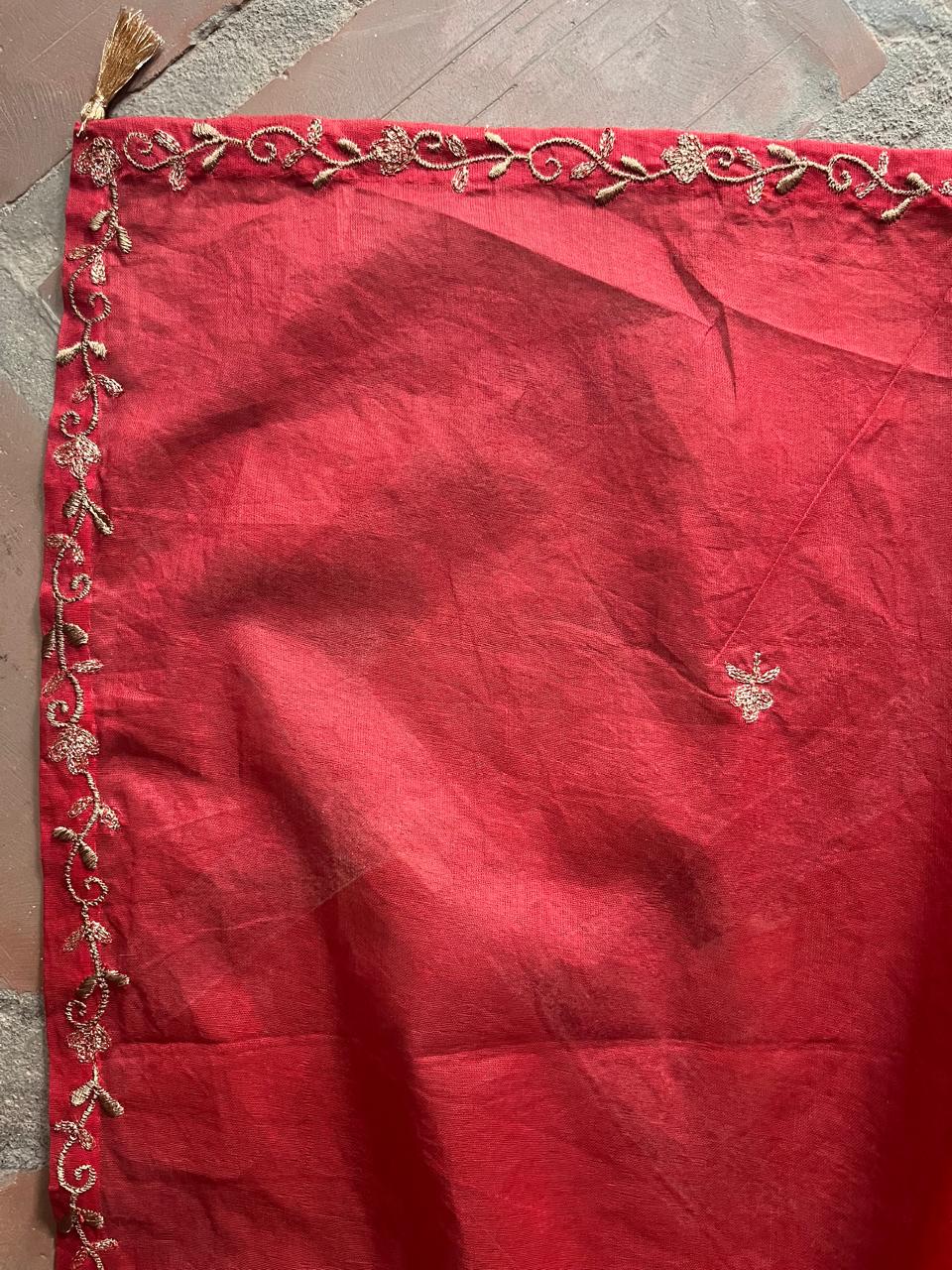 Red Cotton Arkandi Dupatta with Golden Floral Embroidery