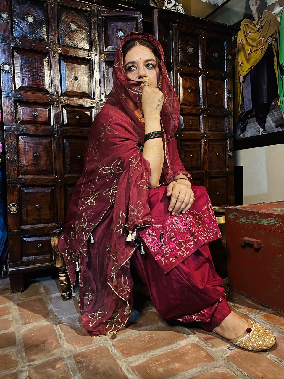 Tila Vintage Work Hand Embroidered Chiffon Dupatta