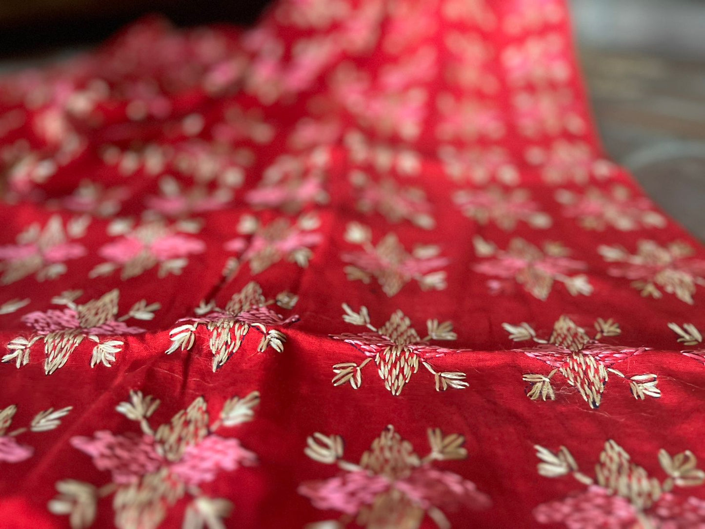 Dull Red Phulkari Dupatta with Pink & Golden Hand Embroidery