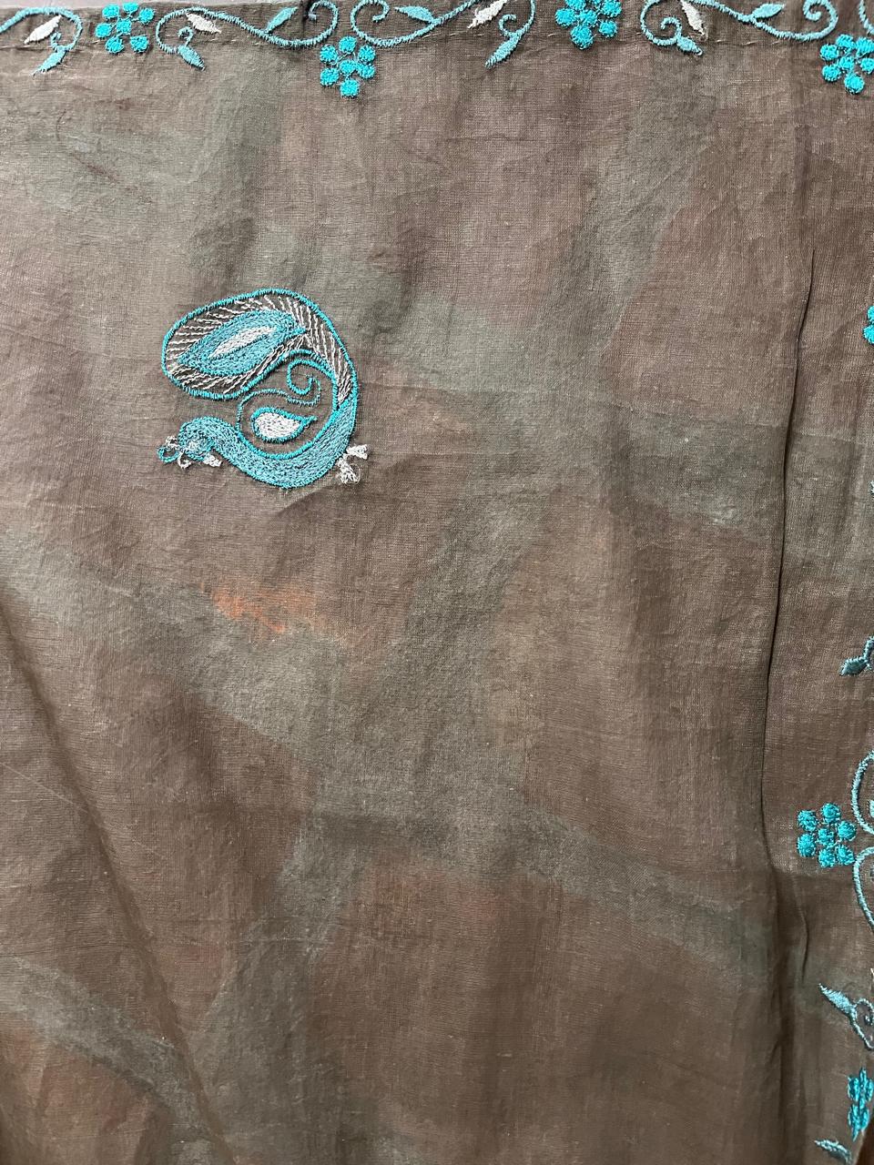 Brown Cotton Arkandi Dupatta with Peacock Motifs