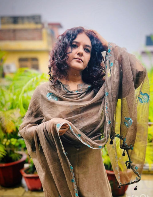 Brown Cotton Arkandi Dupatta with Peacock Motifs