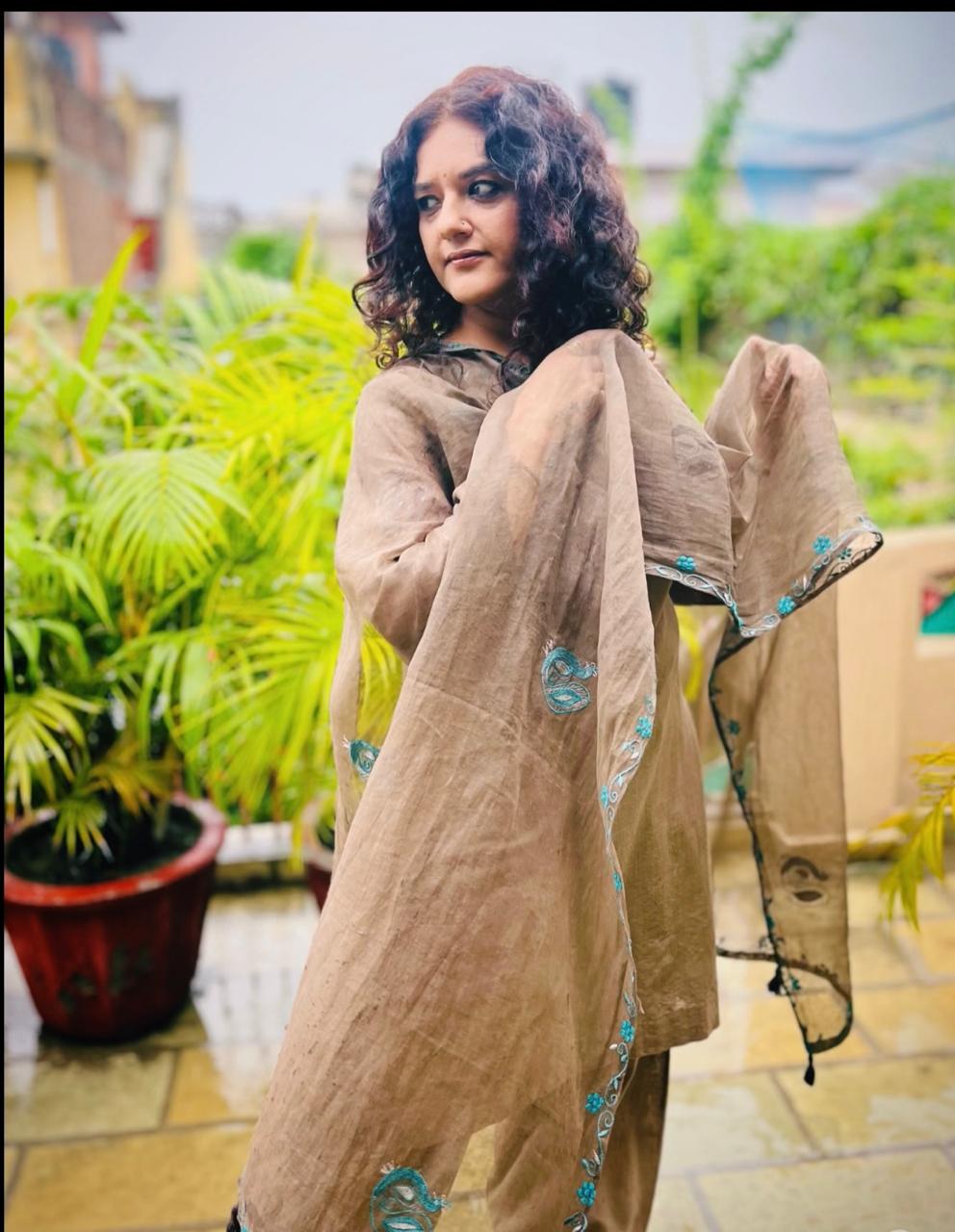 Brown Cotton Arkandi Dupatta with Peacock Motifs