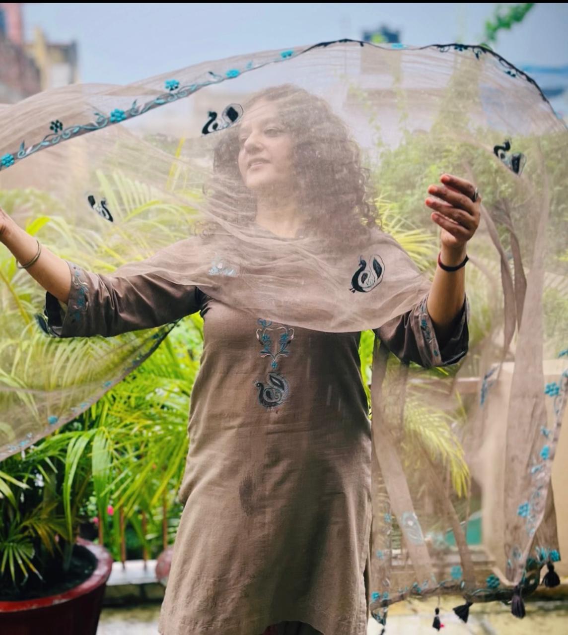 Brown Cotton Arkandi Dupatta with Peacock Motifs