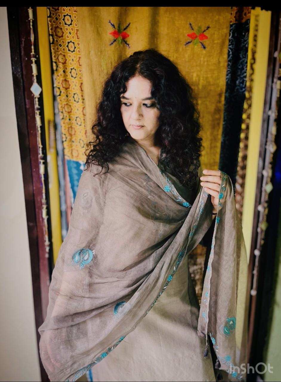 Brown Cotton Arkandi Dupatta with Peacock Motifs
