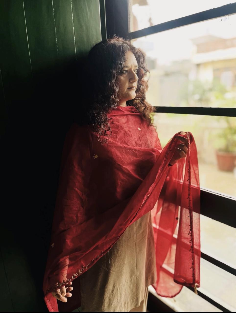 Red Cotton Arkandi Dupatta with Golden Floral Embroidery