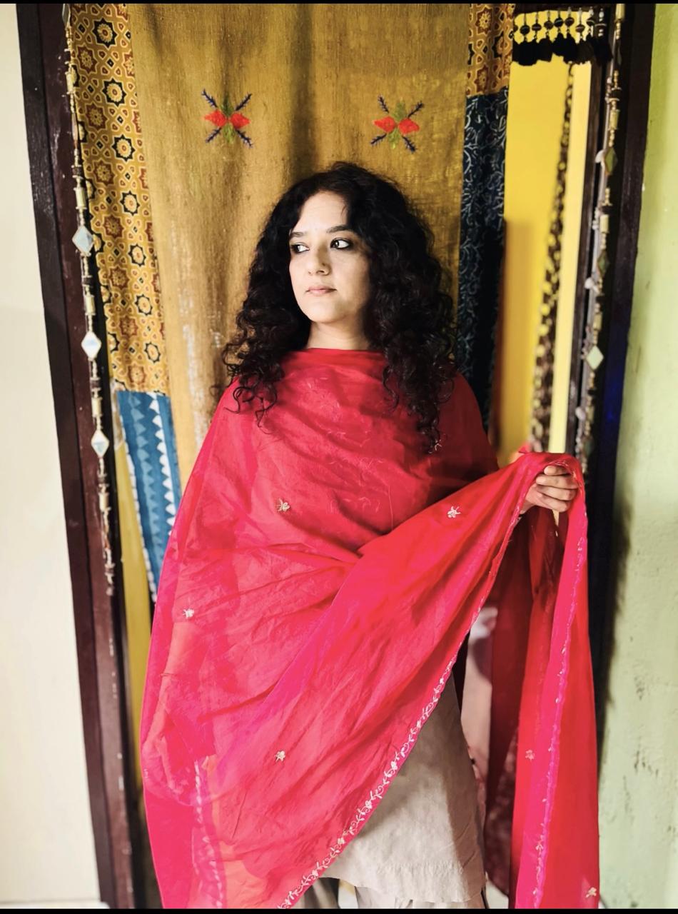 Red Cotton Arkandi Dupatta with Golden Floral Embroidery