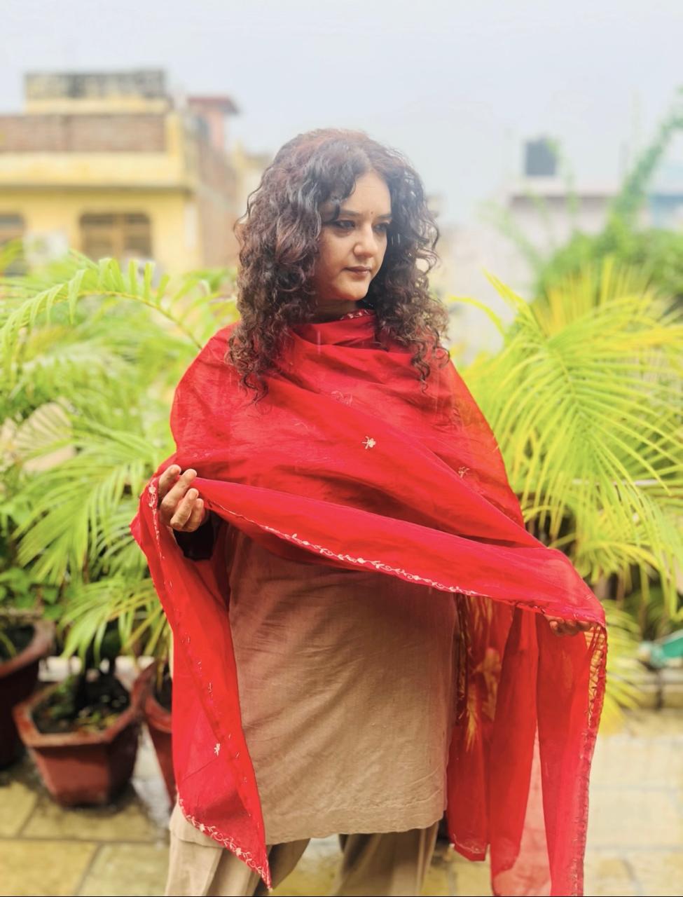 Red Cotton Arkandi Dupatta with Golden Floral Embroidery