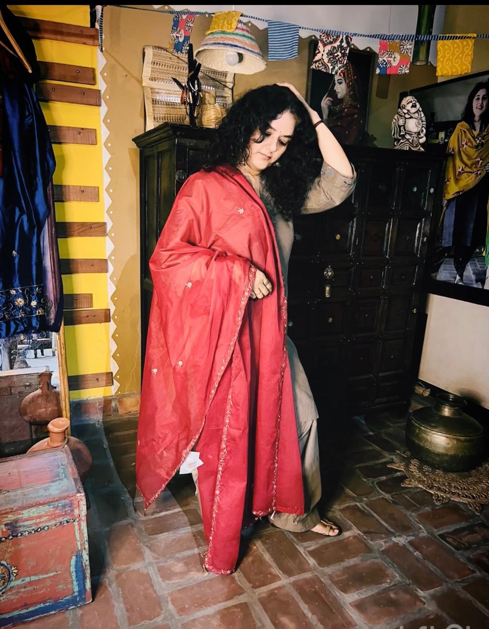 Red Cotton Arkandi Dupatta with Golden Floral Embroidery