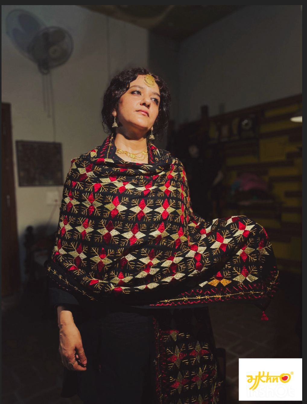 Black Phulkari Dupatta with Golden & Red Hand Embroidery