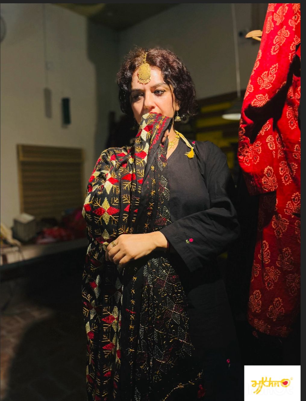 Black Phulkari Dupatta with Golden & Red Hand Embroidery