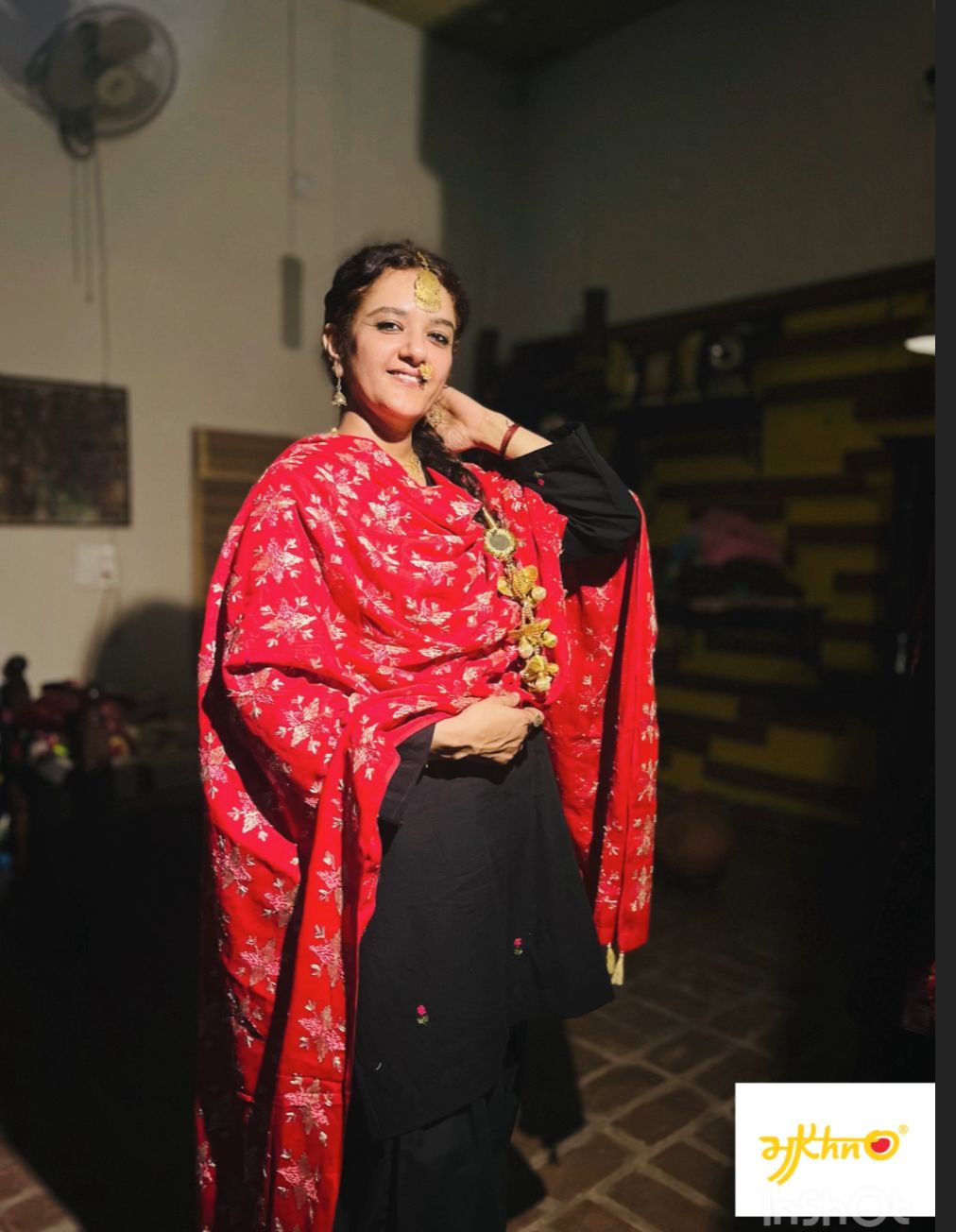 Dull Red Phulkari Dupatta with Pink & Golden Hand Embroidery