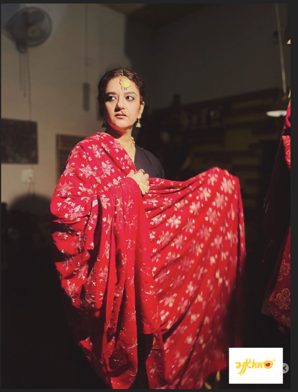 Dull Red Phulkari Dupatta with Pink & Golden Hand Embroidery