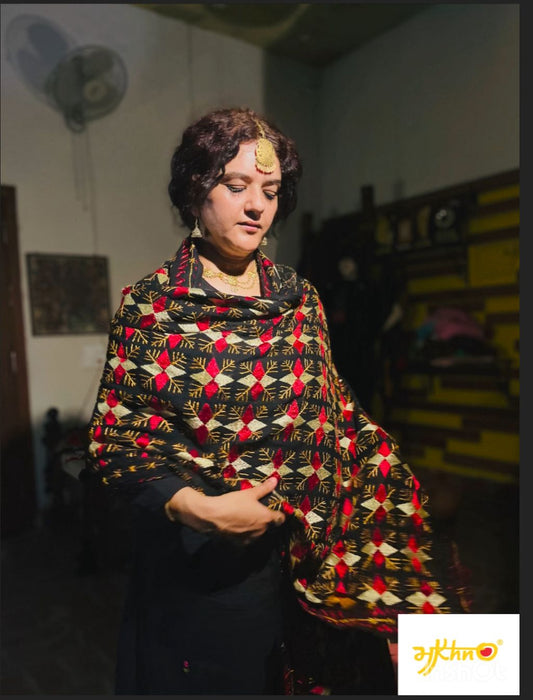 Black Phulkari Dupatta with Golden & Red Hand Embroidery