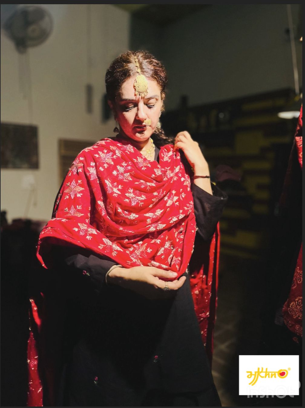 Dull Red Phulkari Dupatta with Pink & Golden Hand Embroidery