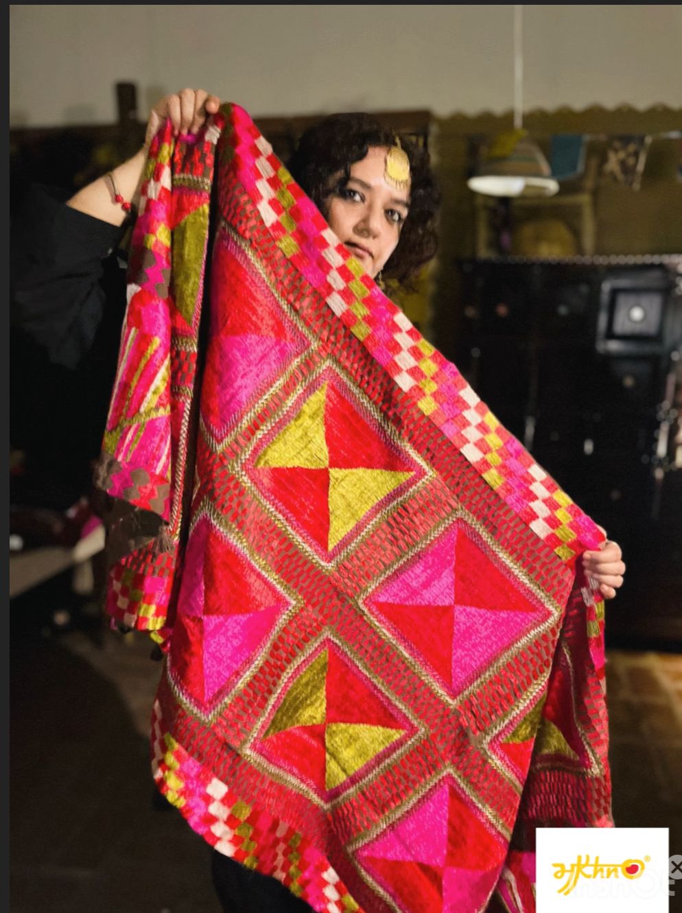 Handcrafted Bagh Phulkari Dupatta – Vibrant Pink & Gold Embroidery | Premium Punjabi Heritage